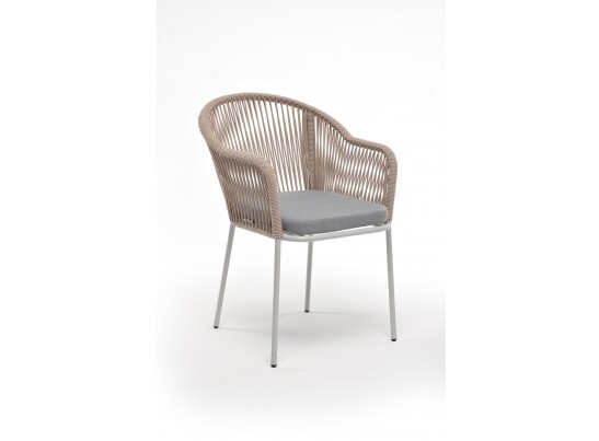 "Лион" стул плетеный из роупа, каркас из стали светло-серый (RAL7035) муар, роуп бежевый круглый, ткань светло-серая в Набережных Челнах