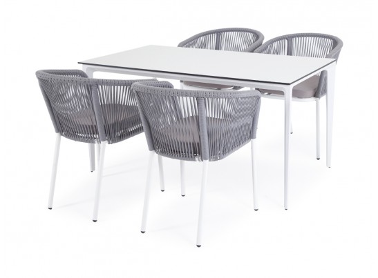 "Малага" обеденная группа на 4 персоны со стульями "Марсель", каркас белый, роуп светло-серый в Набережных Челнах