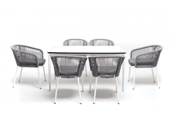 "Малага" обеденная группа на 6 персон со стульями "Марсель", каркас белый, роуп светло-серый в Набережных Челнах
