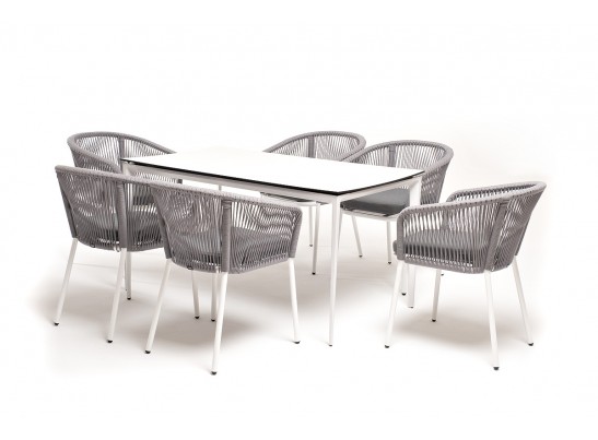 "Малага" обеденная группа на 6 персон со стульями "Марсель", каркас белый, роуп светло-серый в Набережных Челнах