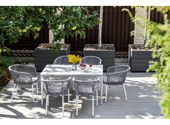 "Малага" обеденная группа на 6 персон со стульями "Марсель", каркас белый, роуп светло-серый в Набережных Челнах