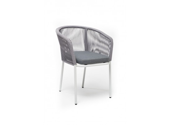 "Марсель" стул плетеный из роупа, каркас алюминий белый муар, роуп светло-серый круглый, ткань светло-серая в Набережных Челнах