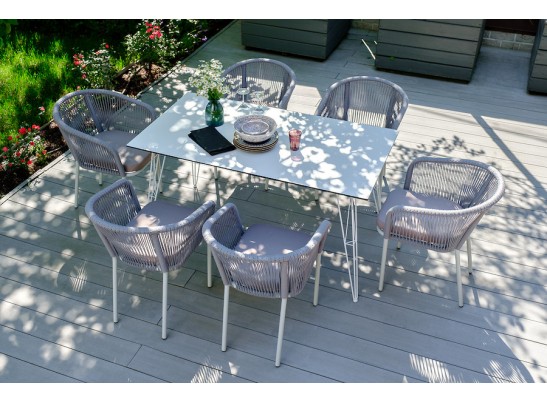 "Марсель" стул плетеный из роупа, каркас алюминий белый муар, роуп светло-серый круглый, ткань светло-серая в Набережных Челнах