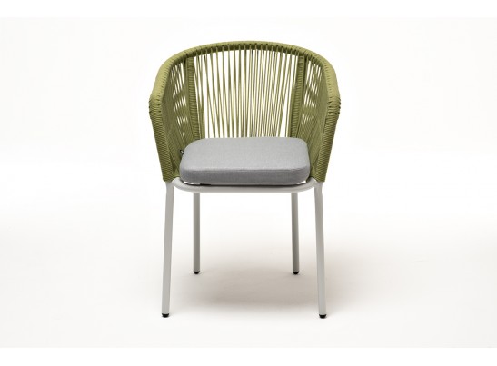 "Марсель" стул плетеный из роупа, каркас алюминий светло-серый (RAL7035) шагрень, роуп салатовый меланж круглый, ткань светло-серая в Набережных Челнах