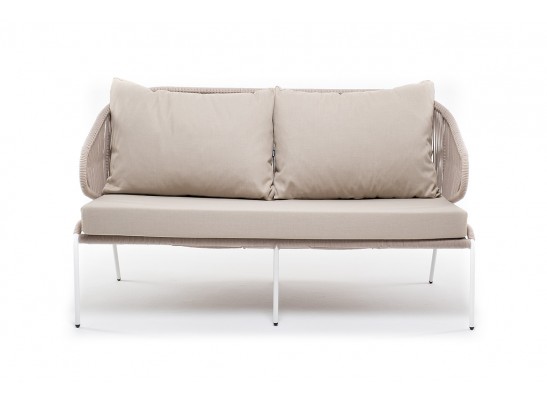 "Милан" диван 2-местный плетеный из роупа, каркас алюминий белый муар, роуп бежевый круглый, ткань бежевая 035 в Набережных Челнах