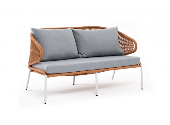 "Милан" диван 2-местный плетеный из роупа, каркас алюминий светло-серый (RAL7035) муар, роуп оранжевый меланж круглый, ткань светло-серая в Набережных Челнах