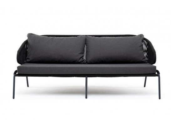 "Милан" диван 3-местный плетеный из роупа, каркас алюминий темно-серый (RAL7024) муар, роуп темно-серый круглый, ткань темно-серая 027 в Набережных Челнах