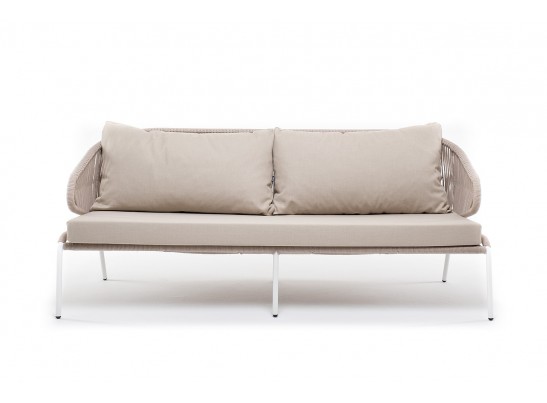 "Милан" диван 3-местный плетеный из роупа, каркас алюминий белый муар, роуп бежевый круглый, ткань бежевая 052 в Набережных Челнах