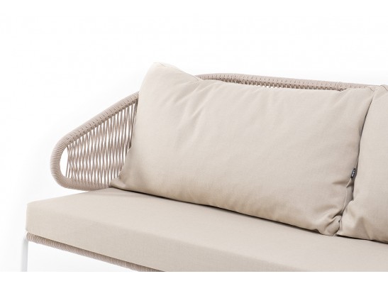 "Милан" диван 3-местный плетеный из роупа, каркас алюминий белый муар, роуп бежевый круглый, ткань бежевая 052 в Набережных Челнах