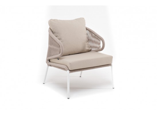 "Милан" кресло плетеное из роупа, каркас алюминий белый муар, роуп бежевый круглый, ткань бежевая 052 в Набережных Челнах