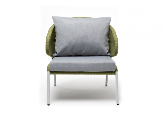 "Милан" кресло плетеное из роупа, каркас алюминий светло-серый (RAL7035) муар, роуп салатовый меланж круглый, ткань светло-серая в Набережных Челнах