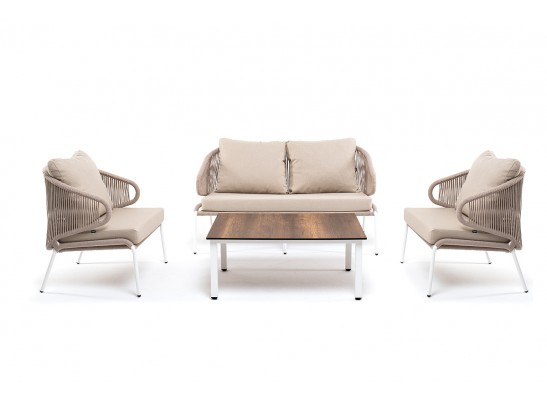 "Милан" лаунж-зона 4-местная плетеная из роупа (веревки), каркас алюминиевый белый, роуп бежевый в Набережных Челнах