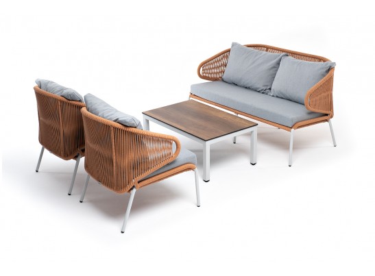 "Милан" лаунж-зона 4-местная плетеная из роупа (веревки), каркас алюминиевый светло-серый, роуп оранжевый меланж в Набережных Челнах