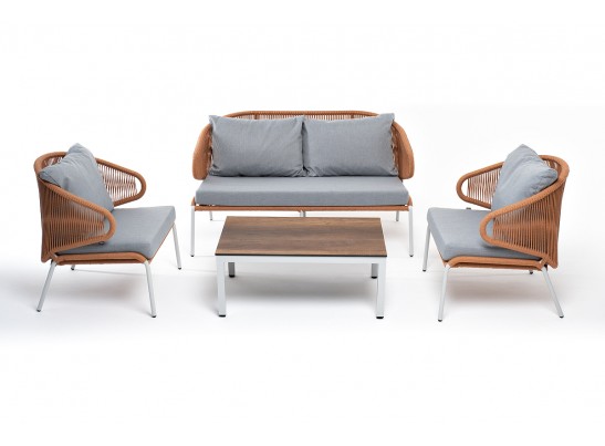 "Милан" лаунж-зона 4-местная плетеная из роупа (веревки), каркас алюминиевый светло-серый, роуп оранжевый меланж в Набережных Челнах