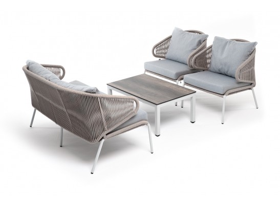 "Милан" лаунж-зона 4-местная плетеная из роупа (веревки), каркас алюминиевый белый, роуп бежевый в Набережных Челнах