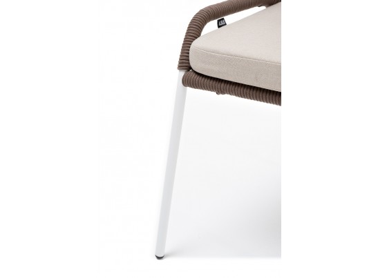 "Милан" стул плетеный из роупа, каркас алюминий белый муар, роуп коричневый круглый, ткань бежевая 052 в Набережных Челнах