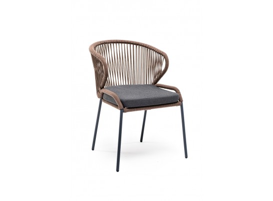 "Милан" стул плетеный из роупа, каркас алюминий серый (RAL7022) муар, роуп коричневый круглый, ткань темно-серая 027 в Набережных Челнах