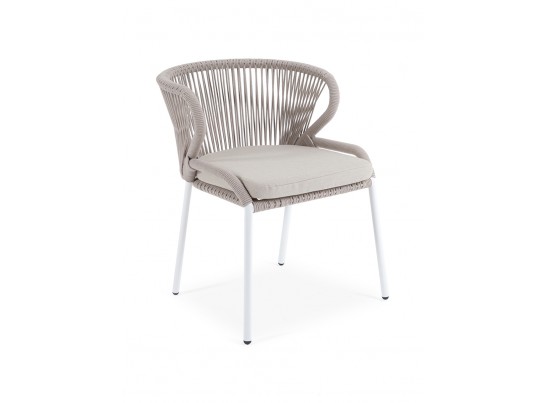 "Милан" стул плетеный из роупа, каркас алюминий белый муар, роуп бежевый круглый, ткань бежевая 052 в Набережных Челнах