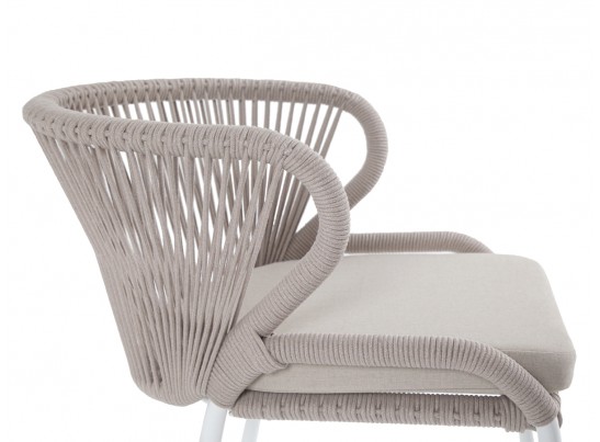 "Милан" стул плетеный из роупа, каркас алюминий белый муар, роуп бежевый круглый, ткань бежевая 052 в Набережных Челнах