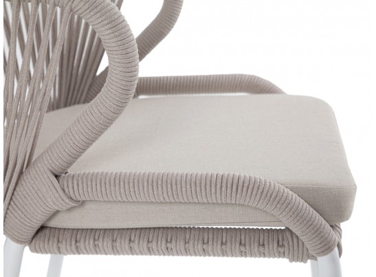 "Милан" стул плетеный из роупа, каркас алюминий белый муар, роуп бежевый круглый, ткань бежевая 052 в Набережных Челнах