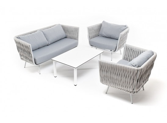 "Монако" лаунж-зона 4-местная из роупа со столом "Верона" (серый гранит), каркас светло-серый, роуп светло-серый в Набережных Челнах