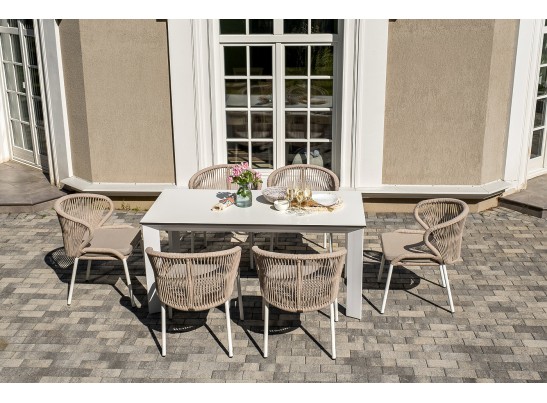 "Венето" обеденная группа на 6 персон со стульями "Милан", каркас белый, роуп бежевый в Набережных Челнах