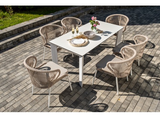 "Венето" обеденная группа на 6 персон со стульями "Милан", каркас белый, роуп бежевый в Набережных Челнах