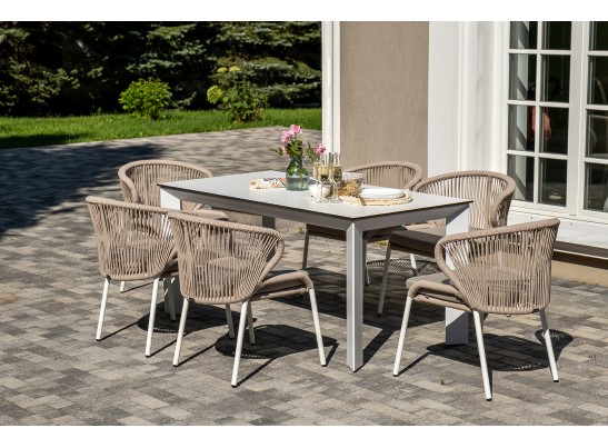"Венето" обеденная группа на 6 персон со стульями "Милан", каркас белый, роуп бежевый в Набережных Челнах