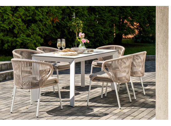 "Венето" обеденная группа на 6 персон со стульями "Милан", каркас белый, роуп бежевый в Набережных Челнах
