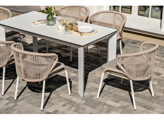 "Венето" обеденная группа на 6 персон со стульями "Милан", каркас белый, роуп бежевый в Набережных Челнах