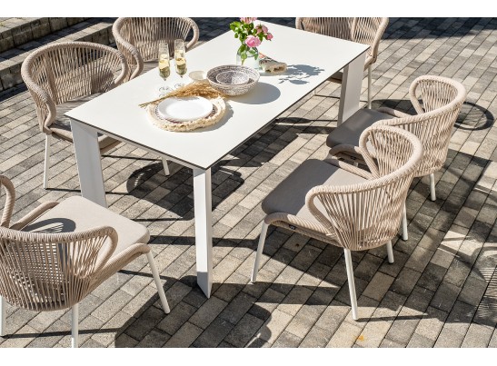 "Венето" обеденная группа на 6 персон со стульями "Милан", каркас белый, роуп бежевый в Набережных Челнах