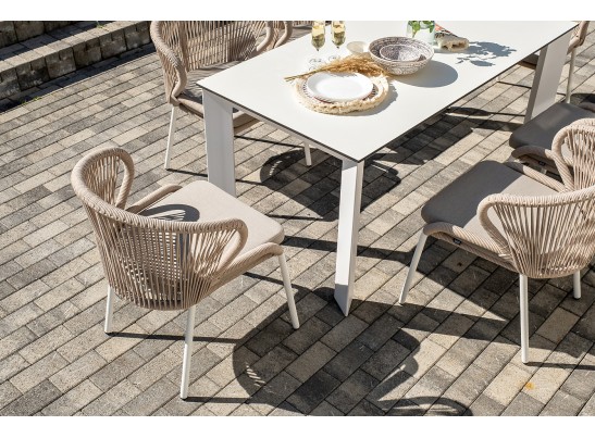 "Венето" обеденная группа на 6 персон со стульями "Милан", каркас белый, роуп бежевый в Набережных Челнах