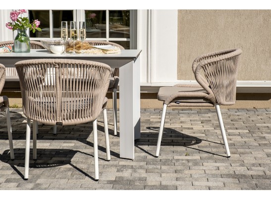 "Венето" обеденная группа на 6 персон со стульями "Милан", каркас белый, роуп бежевый в Набережных Челнах