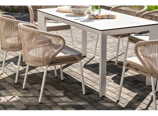 "Венето" обеденная группа на 6 персон со стульями "Милан", каркас белый, роуп бежевый в Набережных Челнах