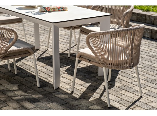 "Венето" обеденная группа на 6 персон со стульями "Милан", каркас белый, роуп бежевый в Набережных Челнах