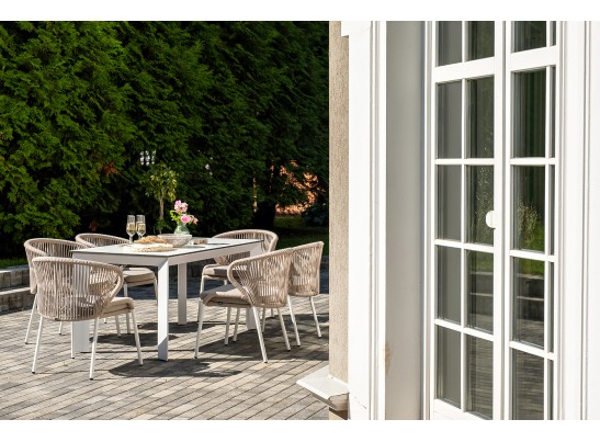 "Венето" обеденная группа на 6 персон со стульями "Милан", каркас белый, роуп бежевый в Набережных Челнах