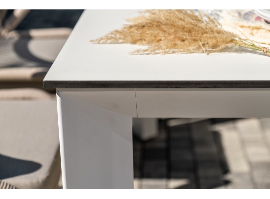 "Венето" обеденная группа на 6 персон со стульями "Милан", каркас белый, роуп бежевый в Набережных Челнах