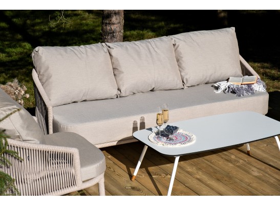 "Верона" диван 3-местный плетеный из роупа, каркас алюминий белый муар, роуп бежевый круглый, ткань бежевая 052 в Набережных Челнах "Верона" диван 3-местный плетеный из роупа, каркас алюминий белый муар, роуп бежевый круглый, ткань бежевая 052 в Набережных Челнах