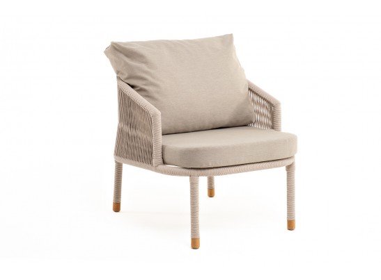 "Верона" кресло плетеное из роупа, каркас алюминий белый муар, роуп бежевый круглый, ткань бежевая 052 в Набережных Челнах