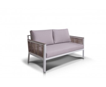 "Сан Ремо" диван 2-местный плетеный из роупа, каркас алюминий белый, роуп бежевый, ткань бежевая