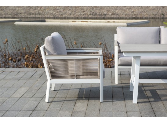 "Сан Ремо" кресло плетеное из роупа садовое, каркас алюминий белый, роуп бежевый, ткань бежевая в Набережных Челнах