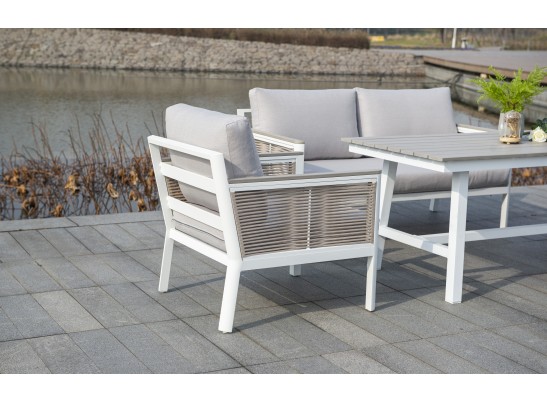 "Сан Ремо" кресло плетеное из роупа садовое, каркас алюминий белый, роуп бежевый, ткань бежевая в Набережных Челнах