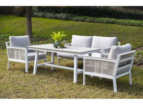 "Сан Ремо" диван 2-местный плетеный из роупа, каркас алюминий белый, роуп бежевый, ткань бежевая в Набережных Челнах