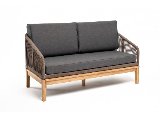 "Канны" диван 2-местный плетеный из роупа, основание дуб, роуп коричневый круглый, ткань темно-серая 027 в Набережных Челнах