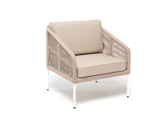 "Канны" кресло плетеное из роупа (веревки), каркас алюминий белый, роуп бежевый, ткань бежевая в Набережных Челнах