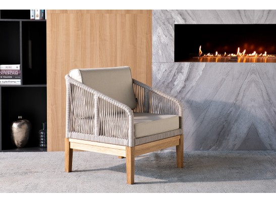 "Канны" кресло плетеное из роупа, основание дуб, роуп бежевый круглый, ткань бежевая 052 в Набережных Челнах