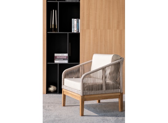 "Канны" кресло плетеное из роупа, основание дуб, роуп бежевый круглый, ткань бежевая 052 в Набережных Челнах