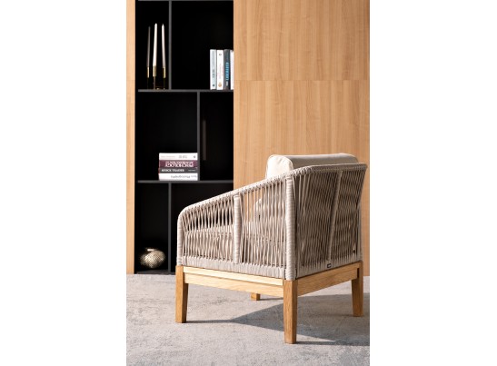 "Канны" кресло плетеное из роупа, основание дуб, роуп бежевый круглый, ткань бежевая 052 в Набережных Челнах