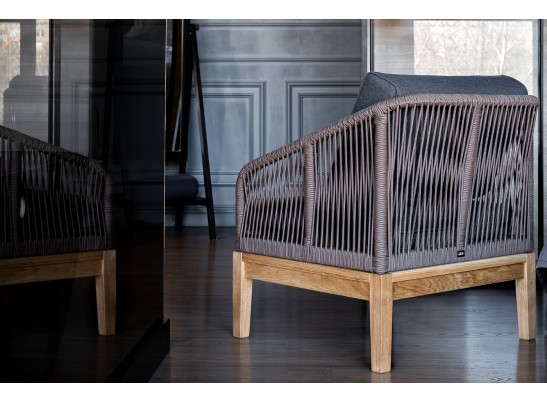 "Канны" кресло плетеное из роупа, основание дуб, роуп коричневый круглый, ткань темно-серая 027 в Набережных Челнах