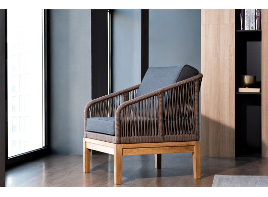 "Канны" кресло плетеное из роупа, основание дуб, роуп коричневый круглый, ткань темно-серая 027 в Набережных Челнах